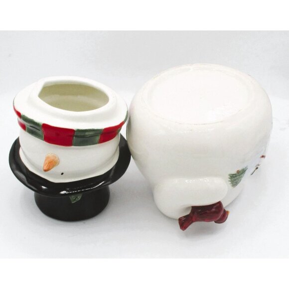 Ceramic Snowman Cookie JarTop Hat Scarf Cardinal Winter Holiday 12"   ki - Picture 2 of 6